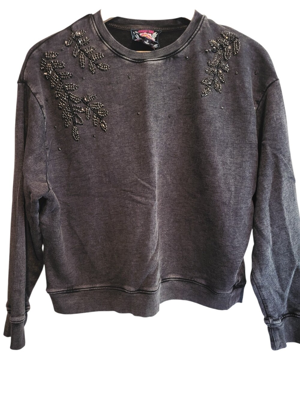 Johnny Was Jewel Beaded French Terry Cotton Sweatshirt Charcoal Grey size medium